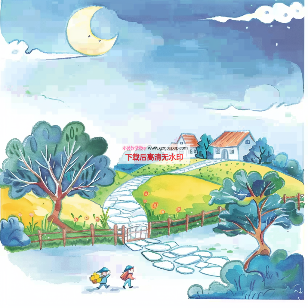 月下田野行走乡村孩童水彩画