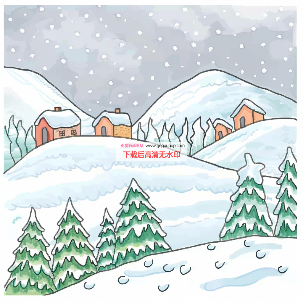 冬日雪景红顶小屋山林插画