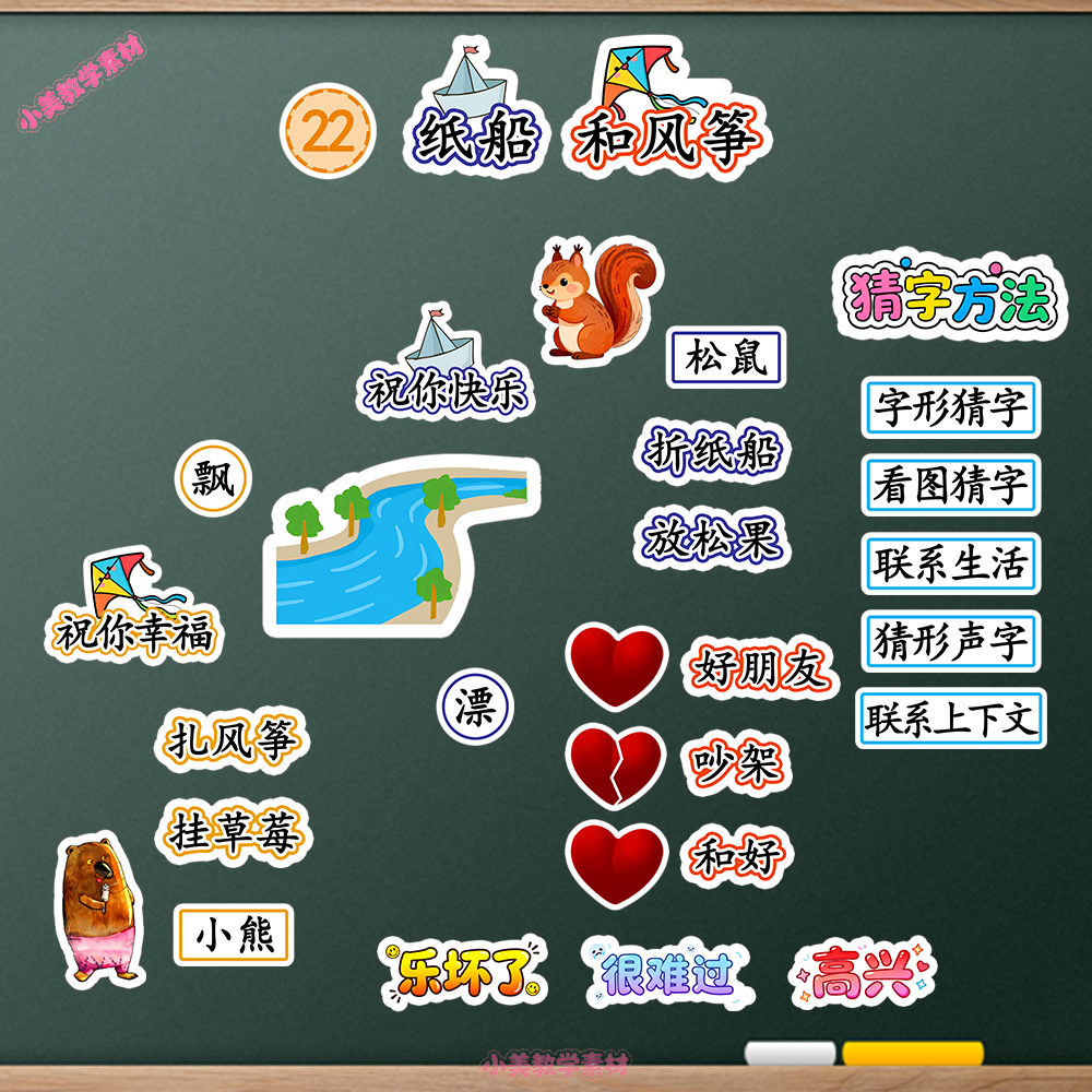 《纸船和风筝》小学二年级上册语文公开课赛课板贴模板 板书设计电子版PDF